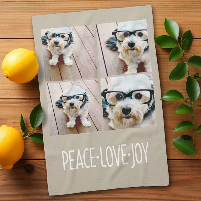Paño De Cocina Collage de fotos feriado Peace Love Joy Taupe (Custom kitchen towel)