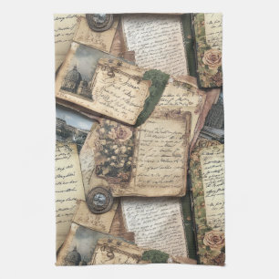 Paño De Cocina Collage de letras antiguas románticas con Rosas