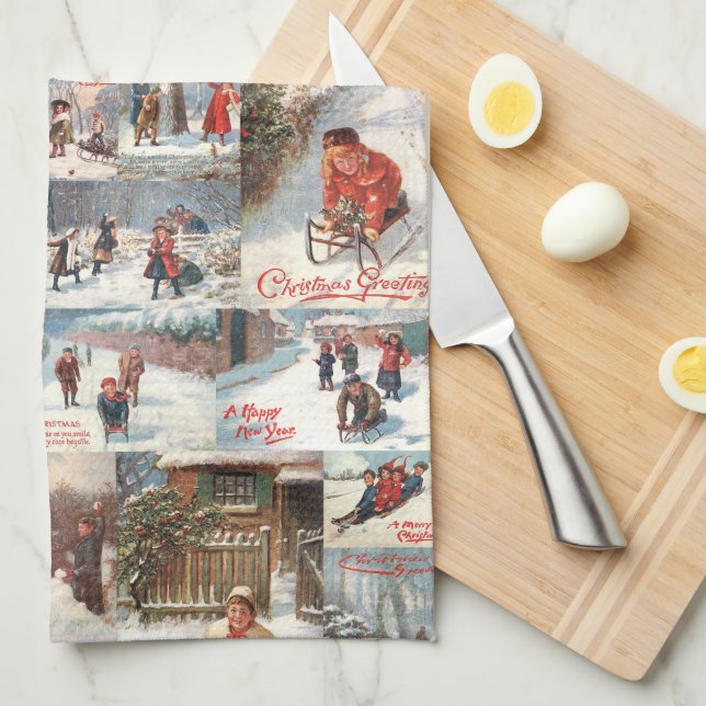 Paño De Cocina Collage de Navidades de divertidos invierno (Doblado Cuarto)