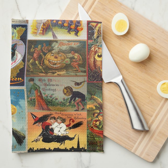 Paño De Cocina Collage de Tarjetas Antiguas de Halloween (Doblado Cuarto)