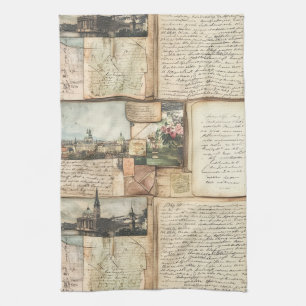 Paño De Cocina Collage de Tarjetas Postales Antiguas con Letras E