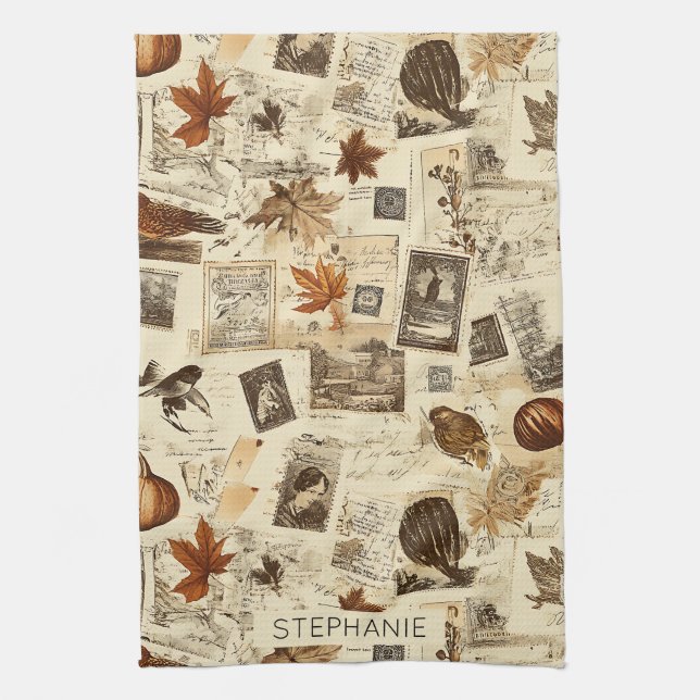 Paño De Cocina Collage rustico del Ephemera del Otoño | Warm Eart (Vertical)