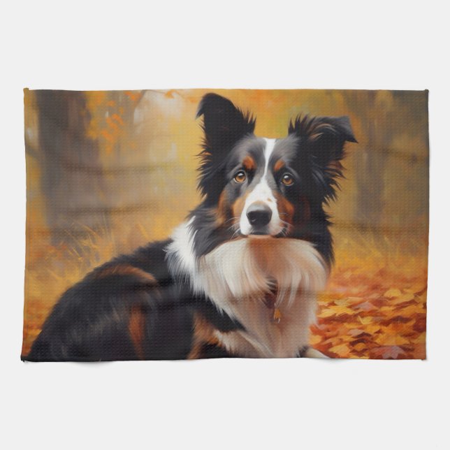 Paño De Cocina Collie fronteriza en otoño e inspira la caída (Horizontal)