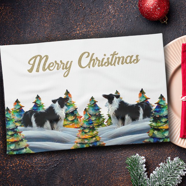 Paño De Cocina Collie fronterizo en árbol de navidad del bosque d (Subido por el creador)
