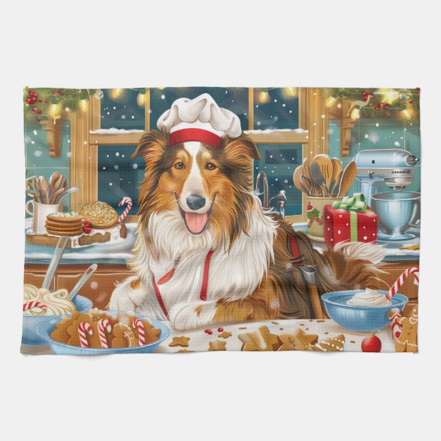 Paño De Cocina Collie Holiday Baking: Navidades festivos (Horizontal)