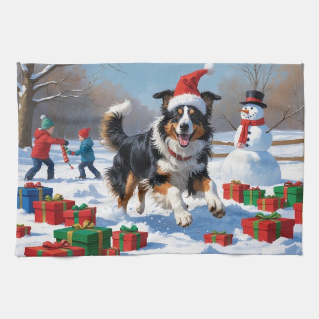 Paño De Cocina Collie rudo en nieve con Gorra Navidad (Horizontal)