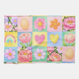 Paño De Cocina Colorful Trendy Floral Checkerboard Pattern
