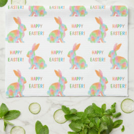 Paño De Cocina Colorful Watercolor Bunnies And Happy Easter Text