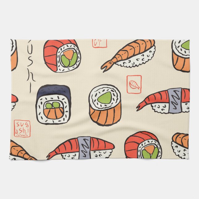 Paño De Cocina Comida de sushi, diseño de patrones impecable. (Horizontal)