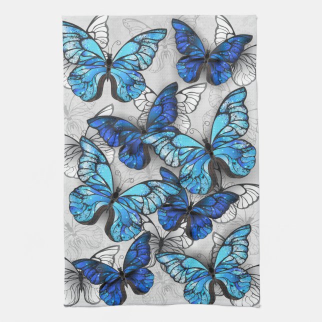 Paño De Cocina Composición de mariposas blancas y azules (Vertical)