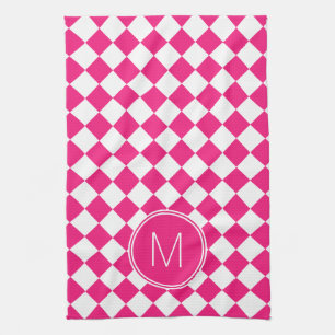 Paño De Cocina Comprobación de color rosa y blanco brillante retr