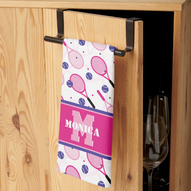 Paño De Cocina Con nombre e inicial, raquetas de tenis rosas y vi (Pliegue de tercios)