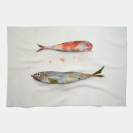 Paño de cocina con pescados en acuarela