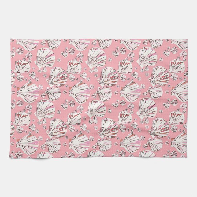 Paño De Cocina conchas de coral, blancas y rosas, fondo rosa (Horizontal)