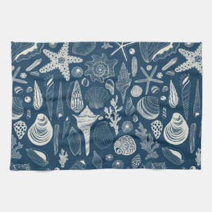 Paño De Cocina Conchas marinas sobre azul oscuro
