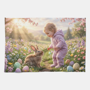 Paño De Cocina Conejito de Pascua y niño