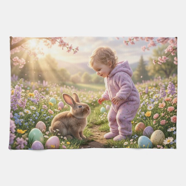 Paño De Cocina Conejito de Pascua y niño (Horizontal)