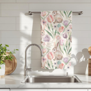 Paño De Cocina Conejito Gris Adorable con Tulipanes Coloridos