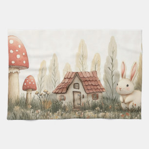 Paño De Cocina Conejito Lindo, Cabaña, Hongos Arte de Cuento de H