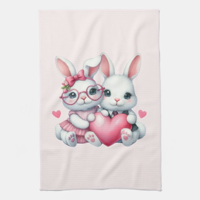 Paño De Cocina Conejitos lindos compartiendo un corazón (Vertical)