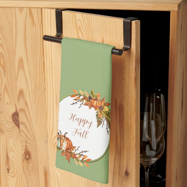 Paño De Cocina Conejo de otoño y calabazas con texto personalizab (Pliegue de tercios)