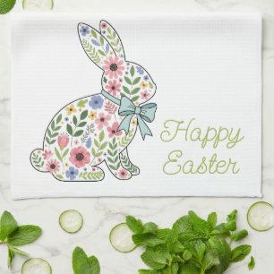 Paño De Cocina Conejo de Pascua de flores silvestres rosadas y az