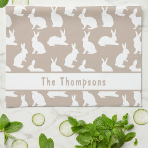 Paño De Cocina Conejo Estampado Beige Y Blanco Con Nombre Pascua