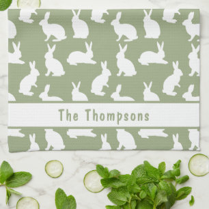 Paño De Cocina Conejo Patrón Verde y Blanco de Pascua con Nombre
