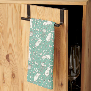 Paño De Cocina Conejo Vintage Flor Pradera Verano Verde Pascua