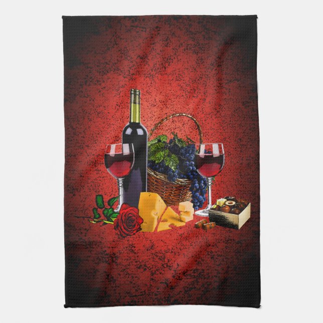 Paño De Cocina Copas de vino, botella, uvas, queso, chocolates (Vertical)
