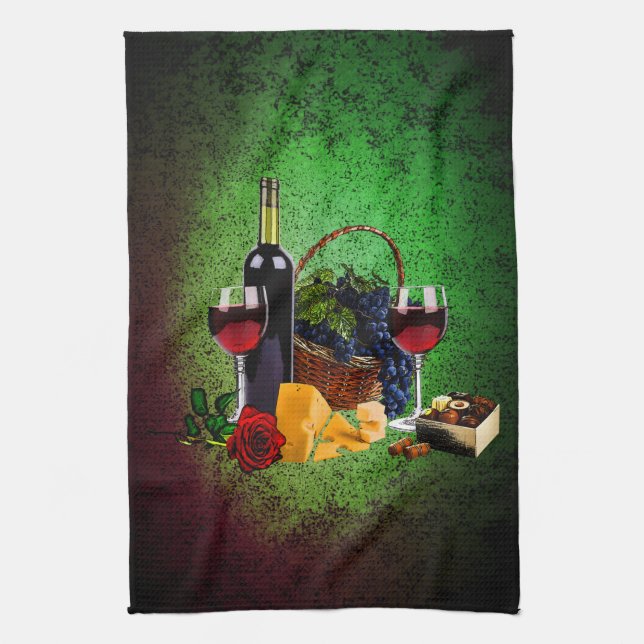 Paño De Cocina Copas de vino, botella, uvas, queso, chocolates (Vertical)