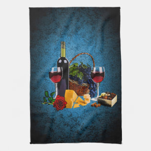 Paño De Cocina Copas de vino, botella, uvas, queso, chocolates