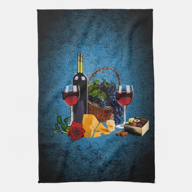 Paño De Cocina Copas de vino, botella, uvas, queso, chocolates (Vertical)