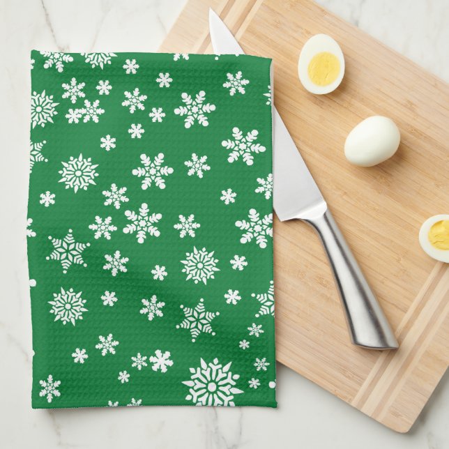 Paño De Cocina Copo de nieve blanco en una Navidad verde (Doblado Cuarto)