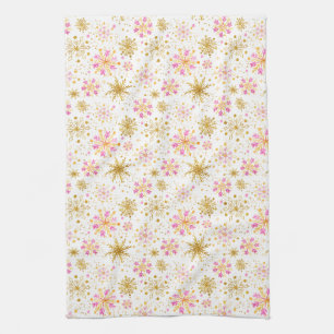 Paño De Cocina Copo de Nieve de Invierno Rosa y Dorado