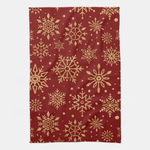 Paño De Cocina Copo de Nieve Dorados sobre Rojo - Navidad Clásica