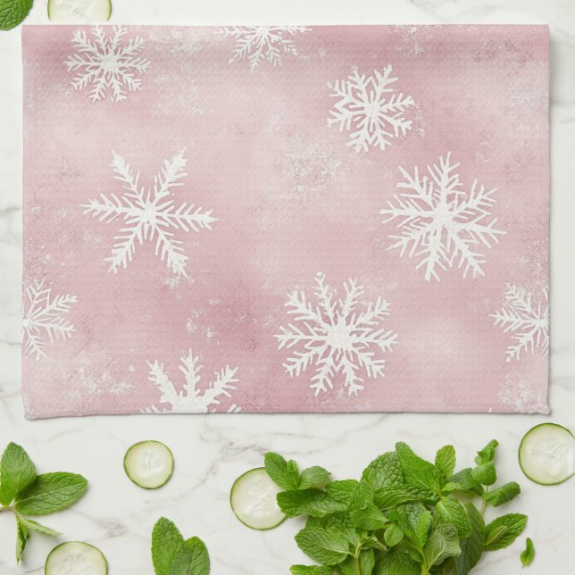 Paño De Cocina Copos de Navidad Blancos Rosados (Doblado)