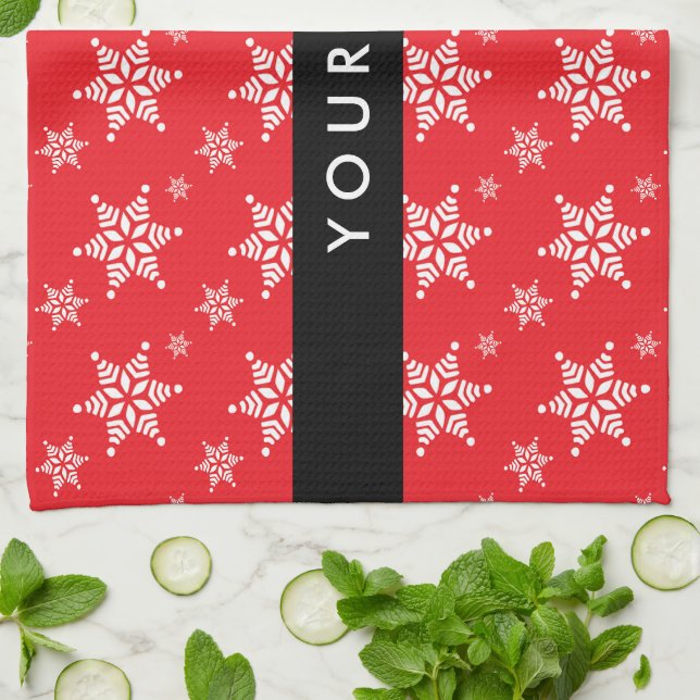 Paño De Cocina Copos de nieve blancos, rojo, tu nombre, personali (Doblado)