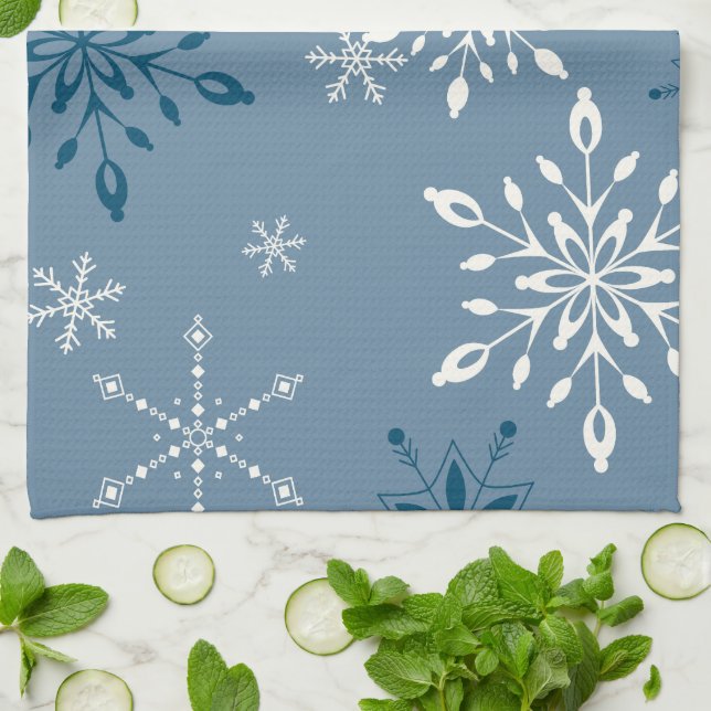 Paño De Cocina Copos de nieve en un fondo azul (Doblado)