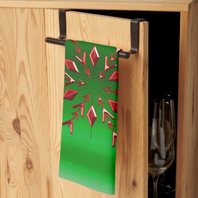 Paño De Cocina Copos de nieve rojos en Navidades verdes (Pliegue de tercios)