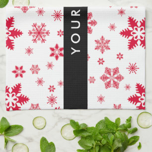 Paño De Cocina Copos de nieve rojos, tu nombre, personaliza