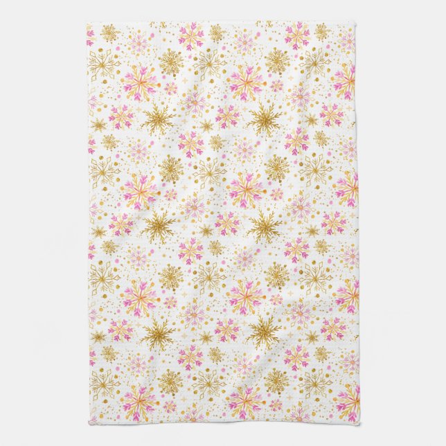 Paño De Cocina Copos de nieve rosa y dorada (Vertical)