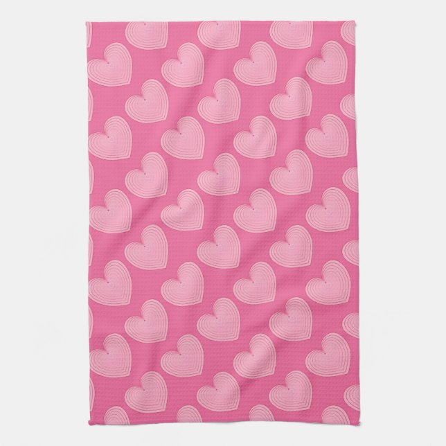 Paño De Cocina Coral, corazones rosados, fondo rosado más profund (Vertical)