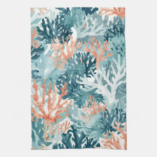 Paño De Cocina Coral Verde Teal Naranja Playero