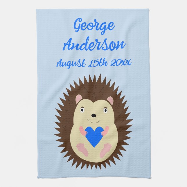 Paño De Cocina Corazón Azul Niño Erizo Personalizado (Vertical)