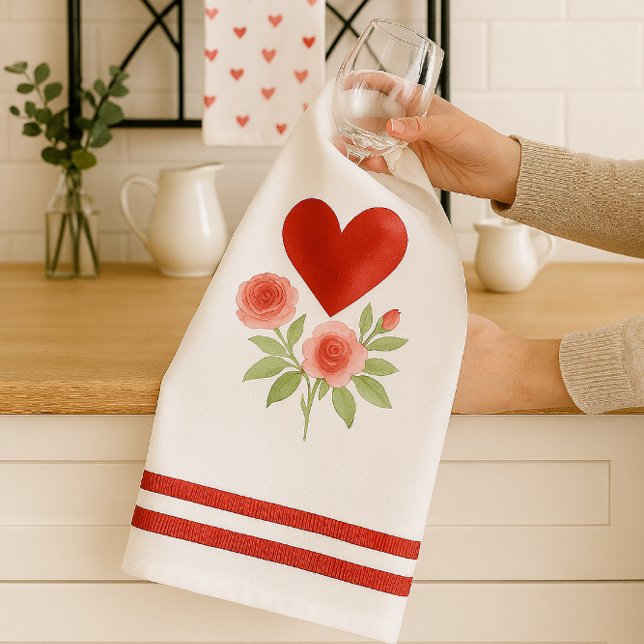 Paño De Cocina Corazón Rojo Rosas Rosadas Día de San Valentín (Add romantic charm to your kitchen with Valentine’s Day towels featuring hearts, roses, and stripes.)