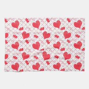 Paño De Cocina Corazón rojo, texto, "te amo", rojo y blanco.