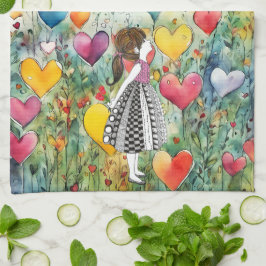 Paño De Cocina Corazones acuarelas y una niñita de 1/2 vueltas