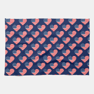 Paño De Cocina Corazones de bandera estadounidense rojos, blancos
