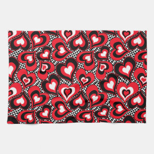 Paño De Cocina Corazones, negros, rojos y blancos.